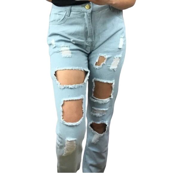 Small Light Wash Distressed High Rise Straight Leg Mom Denim Jeans - Picture 1 of 5